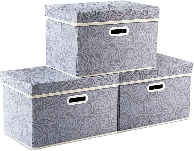 PRANDOM Collapsible Storage Boxes with Lids Fabric Decorative Storage Bins Cubes Organizer Containers Baskets with Cover Handles Divider for Bedroom Closet Living Room 14.9x9.8x9.8 Inch 3 Pack