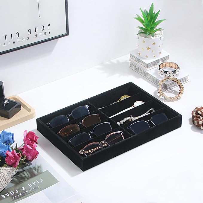 Coward Sunglass Organizer, Black Velvet Glasses Trays, Eyeglasses Watches Jewelry Display - Men Women (8 Grids)