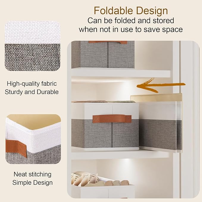 Collapsible Storage Bins 5-Pack, Foldable Baskets for Organizing, Clothes Boxes with Handles, Fabric Cubes Containers, White and Gray, 15 x 6 x 5 Inch