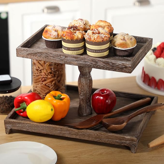 Farmhouse Tiered Tray Stand - Wooden Rustic 2 Tier Rectangular Tray Serving Stand for House Kitchen Cake(Brown)