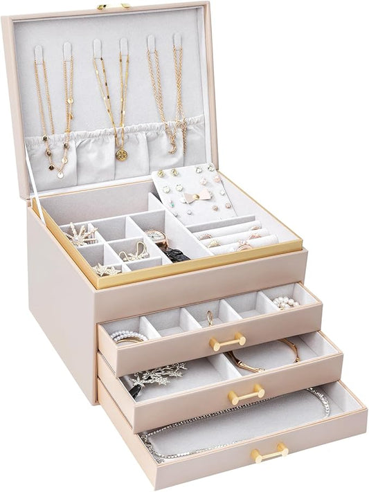 Jewelry Boxes for Women, Large Jewelry Storage Boxes, 4-Layer Leather Jewelry Organizer with 3 Drawers, Jewelry Display Case Gift for Women Girls, Apricot