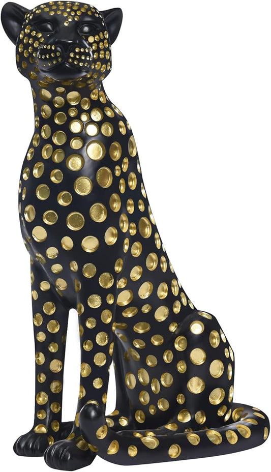 Quoowiit Leopard Sculptures for Home Decor, Modern Sculptures Decorations for Living Room, Bedroom, Table, Bookshelf, Black Resin Leopard Art Decorative Sculpture with Gold Polka Dots Design-Black