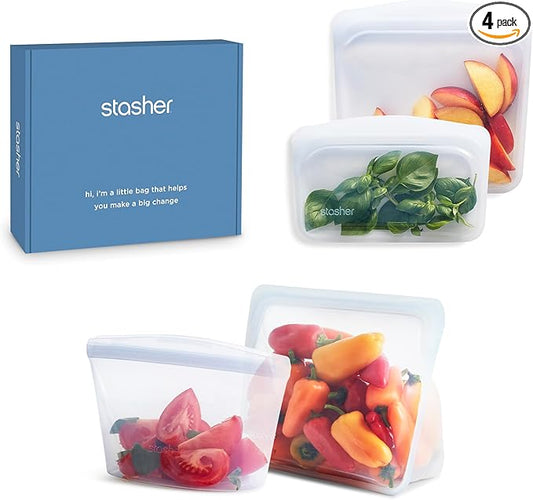 Stasher Premium Silicone Reusable Food Storage Bags 4-Pack Boxed Starter Kit, Clear, Microwave, Sous Vide, Dishwasher, Oven & Freezer Safe, Multi-Use Containers, BPA Free, Leak-free, Eco-friendly