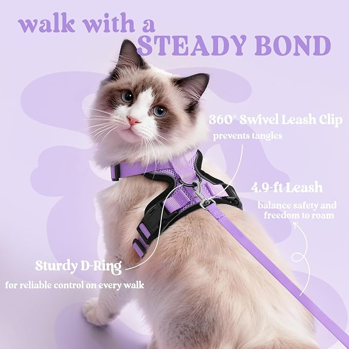 rabbitgoo Cat Harness and Leash for Walking, Escape Proof Soft Adjustable Vest Harnesses for Cats, Easy Control Breathable Reflective Strips Jacket, Light Purple, M