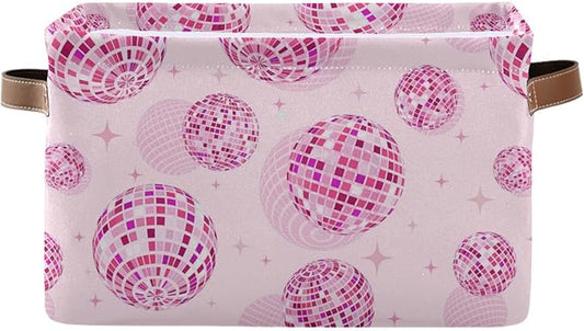 Disco Balls Pink Large Storage Basket Cube Storage Bin Canvas Fabric Organizer Handles Collapsible Decorative for Clothes Toys Bedroom