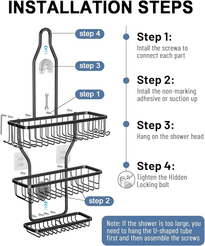 Shower Caddy Hanging - Never Rust Shower Hanging Organizer - Aluminum Over the ShowerHead Caddy with Soap Basket and 6 Hooks for Razor/Sponge (Black)