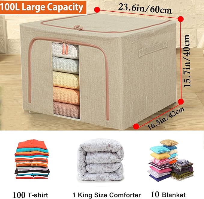 100L Large Storage Bags,Linen Stackable Clothes Storage Bins with Hold Shape Metal Frame,2 Opening Ways Fabric Visible Lidded Foldable Closet Organizers for Seasonal Clothing,Bedding (3, 100L)