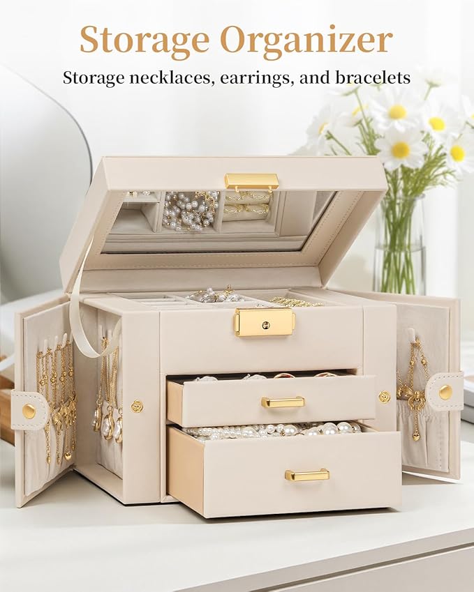 TORIBIO Jewelry Box for Women, Leather Jewelry Organizer with Mirror & Lock, 3-Tier Jewelry Storage Organizer with 2 Drawers for Girls/Women/Mothers, Necklace Earring Bracelets Holder Organizer