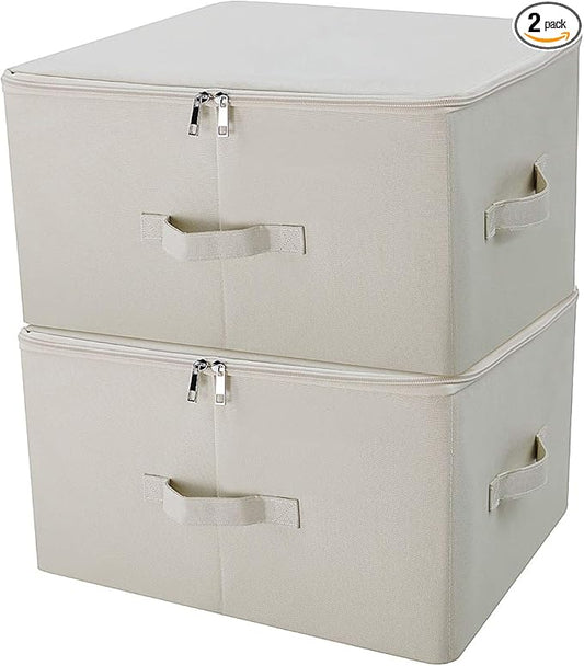 Collapsible Rigid Storage Bins with Lid, Shelves Clothes Storage Cubes, Tide Up Your Wardrobe, Beige, Set of 2