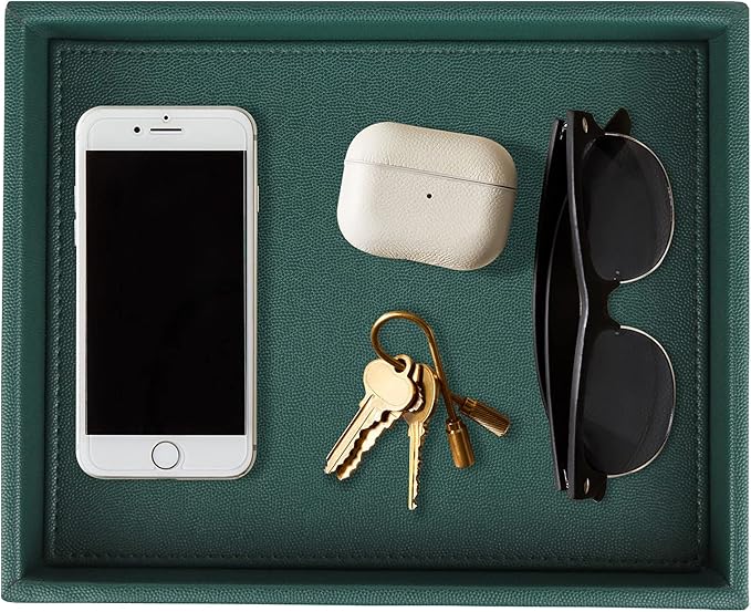 HofferRuffer Faux Leather Decorative Tray, Elegant Desktop Storage Organizer, Decorative Catchall Perfume Tray, Nightstand or Dresser Vanity Tray Organizer, 10.2 x 8.4 x 1.8 inches (Dark Green)