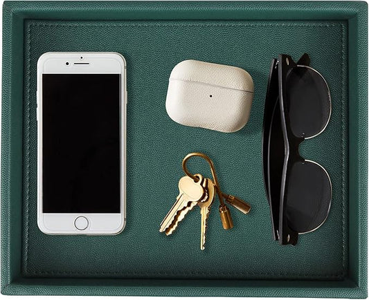 HofferRuffer Faux Leather Decorative Tray, Elegant Desktop Storage Organizer, Decorative Catchall Perfume Tray, Nightstand or Dresser Vanity Tray Organizer, 10.2 x 8.4 x 1.8 inches (Dark Green)
