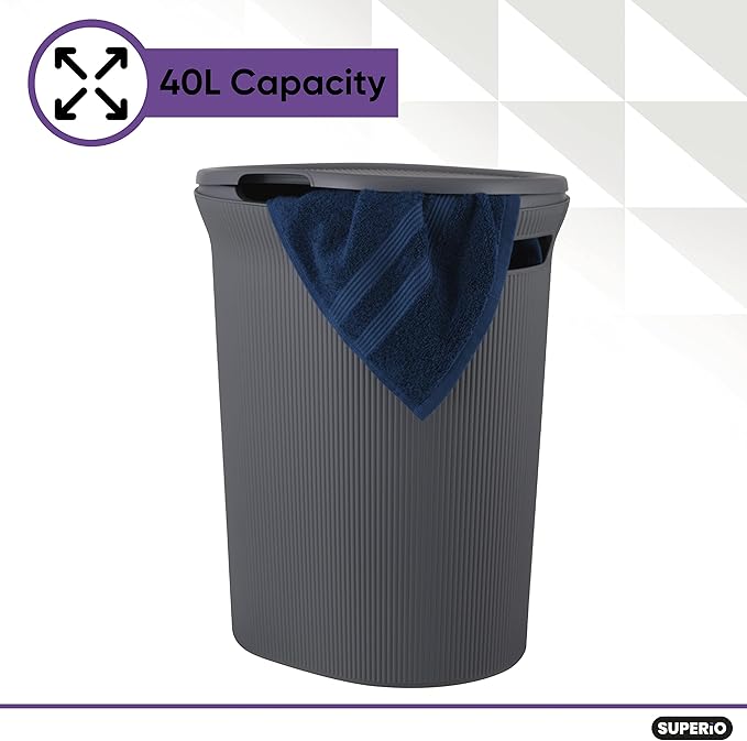 Superio Ribbed Collection - Decorative Plastic Laundry Basket & Laundry Hamper with Lid and Cut-Out Handles, Grey (Set of 2) Organzier for Bedroom Bathroom College Dorm Room