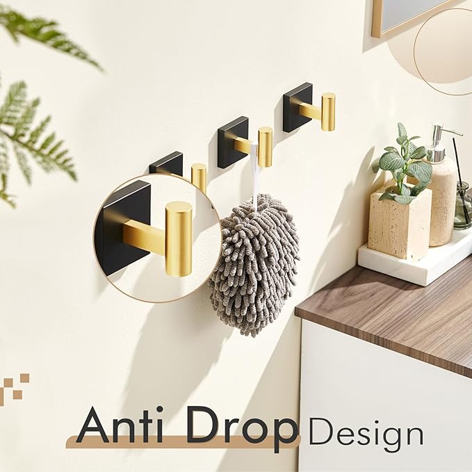KOKOSIRI Robe Hooks for Wall Mount Bathroom Towel Hook, Coat Hooks Bath Storage Hardware 3 Pack Black with Gold Stainless Steel B1013GDK-P3
