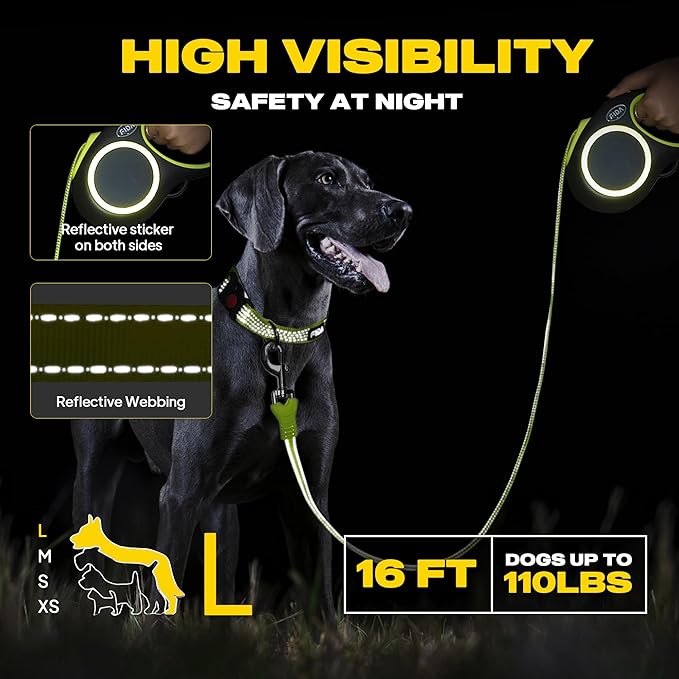 Fida Retractable Dog Leash, Reflective 16ft Heavy Duty Pet Walking Leash for Medium/Large Dog up to 110 lbs, Tangle Free. One-Hand Brake (Large, Neon Yellow)