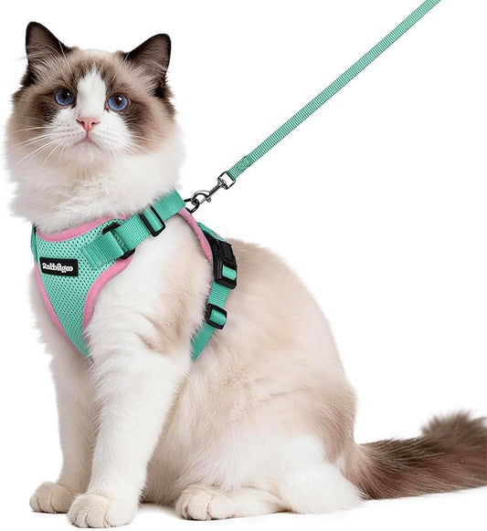 rabbitgoo Cat Harness and Leash for Walking, Escape Proof Soft Adjustable Vest Harnesses for Cats, Easy Control Breathable Reflective Strips Jacket, Green&Pink, M
