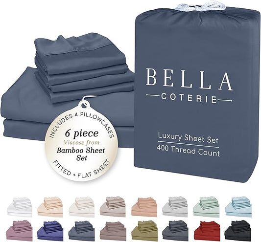 Bella Coterie 6 Piece Luxury Bamboo Viscose Split Top King Size Sheet Set | 34" Split for Adjustable Beds | 100% Organically Grown| Cooling | 18” Deep Pocket | 4 Pillowcases [Slate Blue]