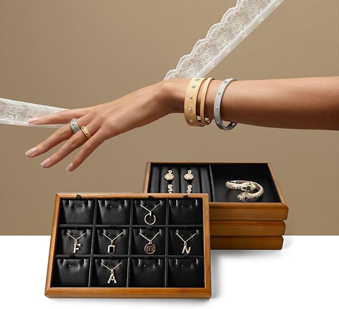 Oirlv Solid Wood 11 Slots Ring Tray Jewelry Organizer Tray Jewelry Drawer Organizer(Black)