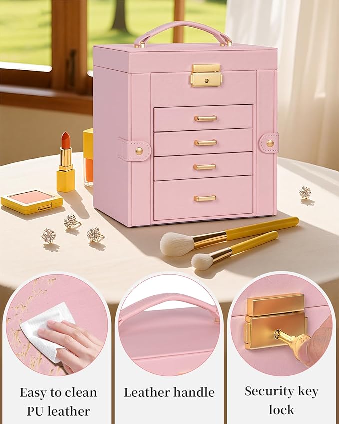 TORIBIO Jewelry Box for Women, Leather Jewelry Organizer with Mirror & Lock, 5-Tier Jewelry Storage Organizer with 4 Drawers for Girls/Women/Mothers, Necklace Earring Bracelets Holder Organizer