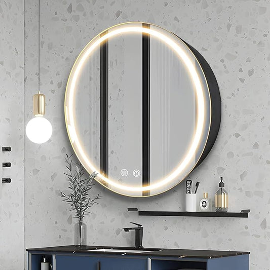 28inch Round Medicine Cabinet with Lights,Led Medicine Cabinet with Defogger,Illuminated Mirror Cabinet for Bathroom,Dimmable,Anti-Fog,3 Colors,Surface Mount Only