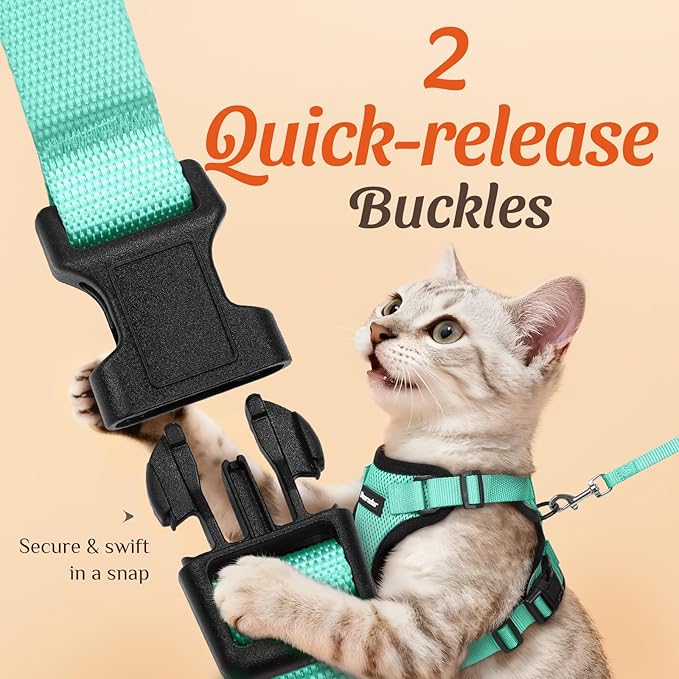 Dooradar Cat Harness and Leash Set, Escape Proof Safe Adjustable Kitten Vest Harnesses for Walking, Easy Control Soft Breathable Mesh Jacket with Reflective Strips for Cats, Green, M