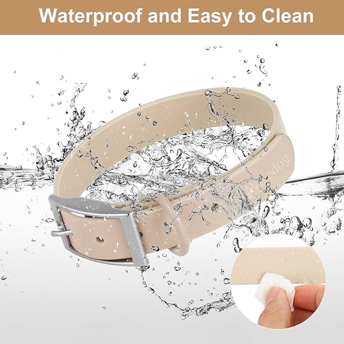 Wisedog Waterproof Dog Collar, Adjustable Soft Rubber Coated Webbing, Odor-Proof and Easy to Clean for Small Medium Large Dogs, with Airtags Case(L|15"-19" × 1 in, Sand Color)
