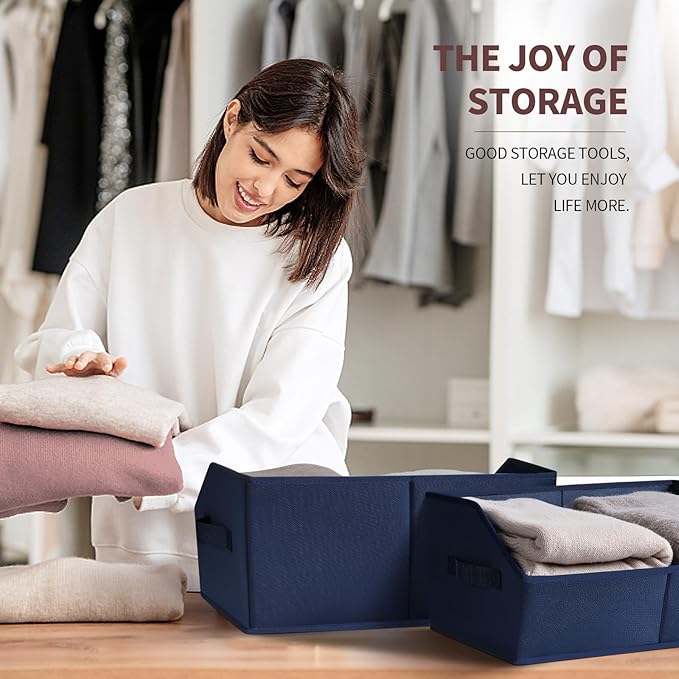 Clothes Organizers and Storage - Fabric Storage Bins with Handles, Storage Baskets for Organizing, Trapezoid Storage Cubes for Blankets, Towels, Office, 6 Pack, Navy Blue