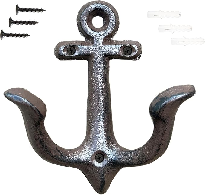 KiaoTime (Rusty Brown Vintage Rustic Cast Iron Nautical Anchor Design Wall Hook Coat Hook Rack, Decorative Wall Mounted Antique Shabby Chic Metal Home Bath Room Towel Coat Hook Hanger