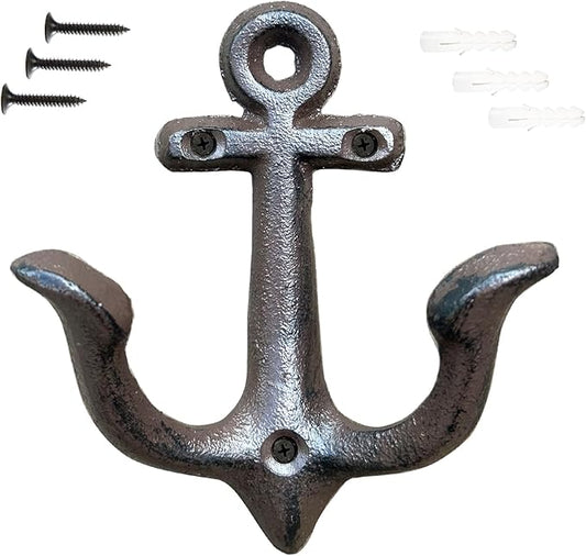 KiaoTime (Rusty Brown Vintage Rustic Cast Iron Nautical Anchor Design Wall Hook Coat Hook Rack, Decorative Wall Mounted Antique Shabby Chic Metal Home Bath Room Towel Coat Hook Hanger