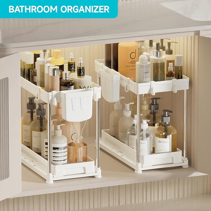 Under Sink Organizer, 2 Tier Pull Out Cabinet Organizer with Hooks Hanging Cup, Easy Installation & Rust-resistant, Multi-Purpose Storage Shelf for Kitchen Bathroom Pantry (White, 2 Pack)