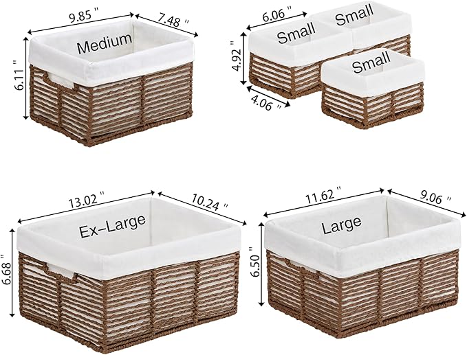 Vagusicc Wicker Storage Basket, 6 Pack Baskets for Organizing, Wicker Baskets with Handle, Rectangular Woven Basket for Storage Shelves, Cube Storage Bins for Closet/Clothes/Dresser, Brown