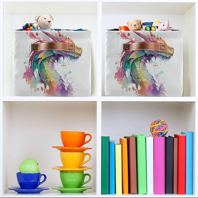 Large Storage Basket Watercolor Dragon Cube Storage Bin Canvas Fabric Organizer Handles Collapsible for Clothes Toys Bedroom Decorative