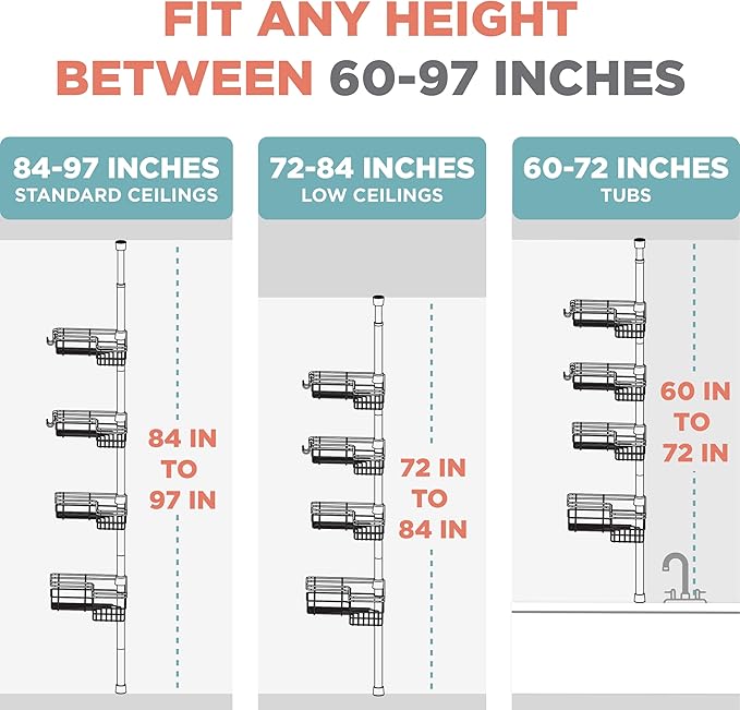 Zenna Home Tension Pole Shower Caddy Corner Organizer, Adjustable Standing Shower Caddy with 4 L-shaped Baskets and Hooks, Rust Resistant Bathroom Tension Rod Organizer, 60 to 97 Inch, Satin Nickel