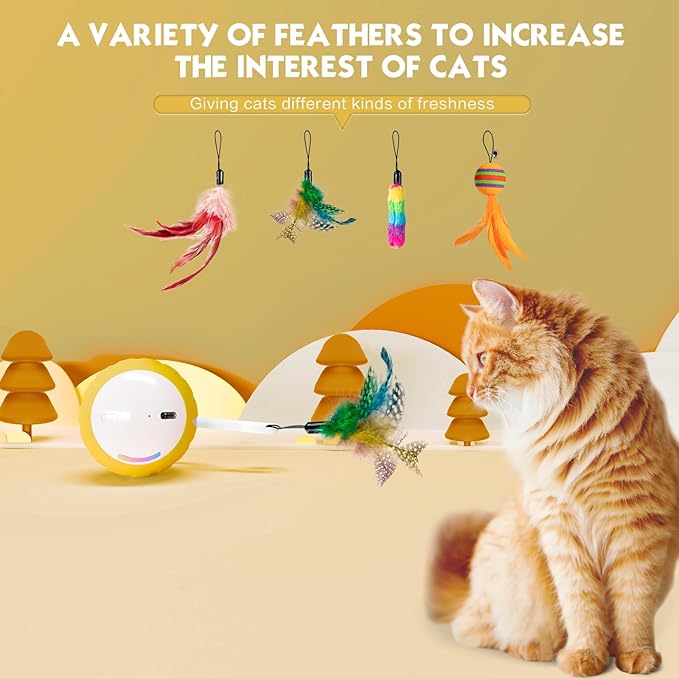 Interactive Cat Toys Ball - Electric Automatic Toys for Indoor cats, LED Lights and Toys Feather Tail with Sound Activated and Touch, USB Rechargeable, 2peeds Mode for Bored Kittens/Adult Cats/Ferret