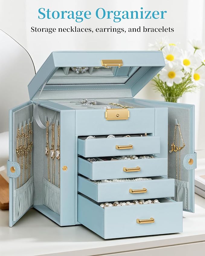 TORIBIO Jewelry Box for Women, Leather Jewelry Organizer with Mirror & Lock, 5-Tier Jewelry Storage Organizer with 4 Drawers for Girls/Women/Mothers, Necklace Earring Bracelets Holder Organizer