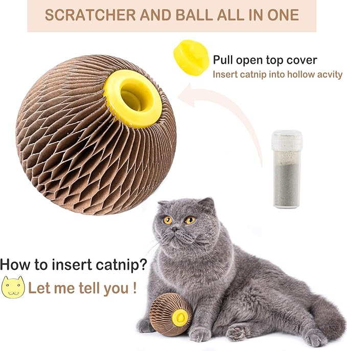 Catnip Ball Toy for Cats Catnip Refillable Scratcher Ball Kitty's Faithful Playmate Reduce Obesity and Loneliness CSB01BR