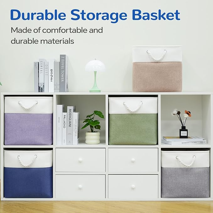 12 x 12 Inch Cube Storage Bins, 4 Pack Fabric Storage Basket with Handles, Foldable Boxes Organizer for Shelf Baskets for Home, Clothes, Toys (White/Blue)