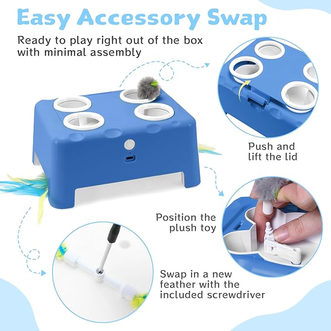 Interactive Cat Toy for Indoor Cats, 3 Modes Feathers Toy, Rechargeable 4 Holes Mole Cat Toys, Cheese Box for Kitten, 6 Accessories (Blue)