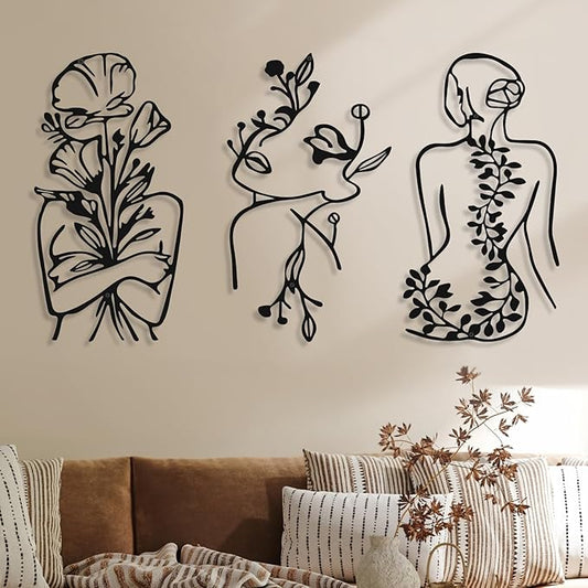 Photect 3 Pcs Metal Wall Art Decor Minimalist Abstract Woman Wall Art Metal Modern Line Drawing Decor Female Single Line Home Hanging for Bedroom Bathroom Living Room Christmas Housewarming(Plant)