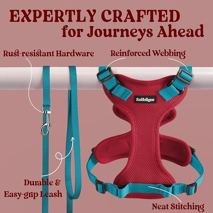rabbitgoo Cat Harness and Leash for Walking, Escape Proof Soft Adjustable Vest Harnesses for Cats, Easy Control Breathable Reflective Strips Jacket, Red & Teal, M