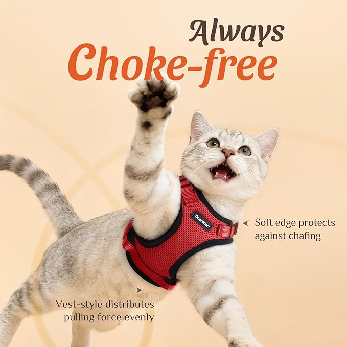 Dooradar Cat Harness and Leash Set, Escape Proof Safe Adjustable Kitten Vest Harnesses for Walking, Easy Control Soft Breathable Mesh Jacket with Reflective Strips for Cats, Red, S
