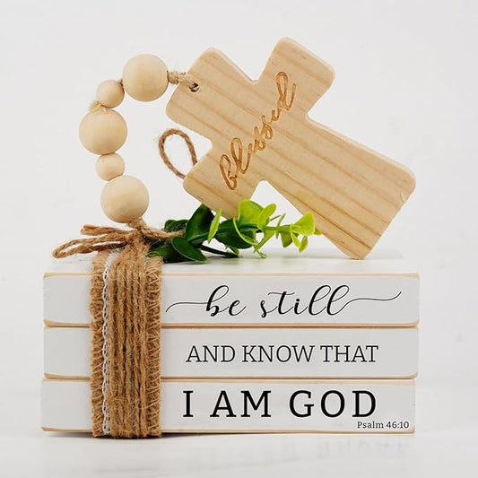 Mini Christian Book Stack, ReligiousTiered Tray Decor, Be Still and Know That I Am God Psalm 46:10, Wooden Bible Verse Stacked Books with Bead Tassels and Cross (daztbible06)