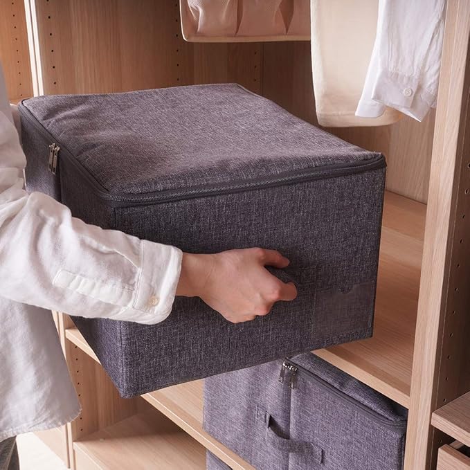 Pack of 2, Fabric Folding Washable Clothes Storage Boxes with Zip Lid for Wardrobe, Black Gray