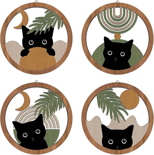 HPNIUB Boho Black Cat Wall Decor, Farmhouse Geometric Hanging Wooden Wall Art, 4 Pieces 10''x10'' Mid Century Bohemian Abstract Moon and Sun Wood Sign for Nursery Bedroom Decoration, Lovely Cat Gifts