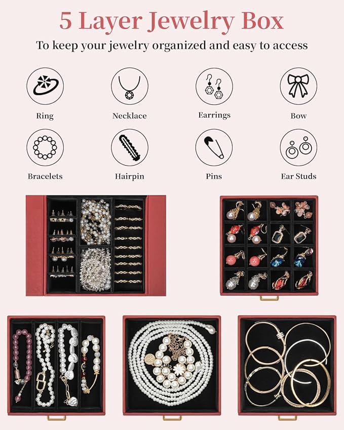 TORIBIO Jewelry Box for Women, Leather Jewelry Organizer with Mirror & Lock, 5-Tier Jewelry Storage Organizer with 4 Drawers for Girls/Women/Mothers, Necklace Earring Bracelets Holder Organizer