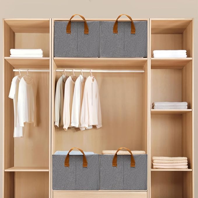 SNWDN 6 Pack Closet Cloth Storage Bins for Shelves,Large Storage Baskets for Shelves, Fabric Bins for Closet organization with Handles（Grey 17''L x 12''W x 10''H）
