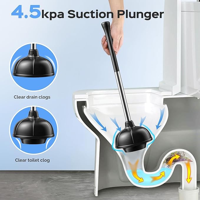 HAMITOR Toilet Plunger and Brush Set: 2 Pack 2 in 1 Stainless Steel Rustproof Combo with Curved Bristles - Heavy Duty Toilet Unclogging for Family Bathroom - Compact Apartment Cleaning Accessories