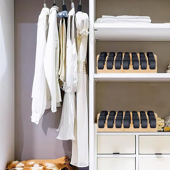 GTI Belt Organizer,2pcs 7 Compartments Belt Organizer for Closet and Drawer, Bamboo Display Case for Tie and Belt, Belt Storage Organizer for Men Women (Wooden)