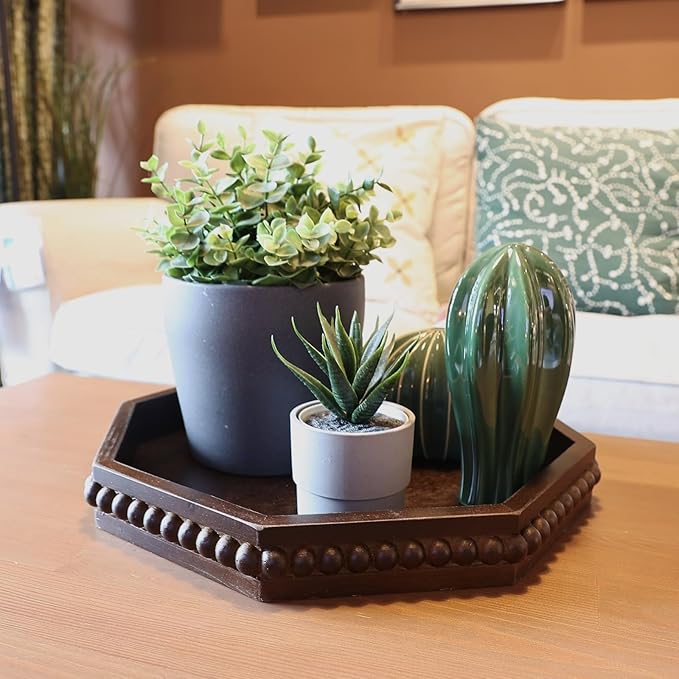 Retro Brown Octagonal Wood Decorative Tray, Small Farmhouse Wooden Serving Tray with Beads, Versatile Coffee Table Tray for Kitchen Counter, Ottoman, Living Room
