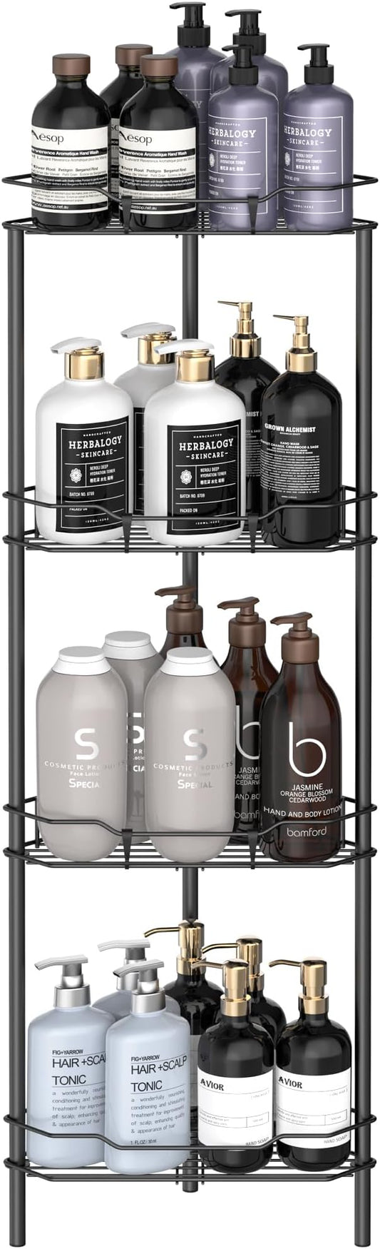 4 Tier Floor Standing Corner Shower Caddy Organizer Shelf with Hooks, Bathroom Shelves Stand Rack, Matt Black