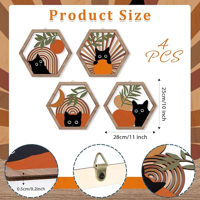 HPNIUB Boho Black Cat Wall Decor, Farmhouse Geometric Hanging Wooden Wall Art, 4 Pieces 11''x9.8'' Mid Century Bohemian Abstract Moon and Sun Wood Sign for Nursery Bedroom Decoration, Lovely Cat Gifts